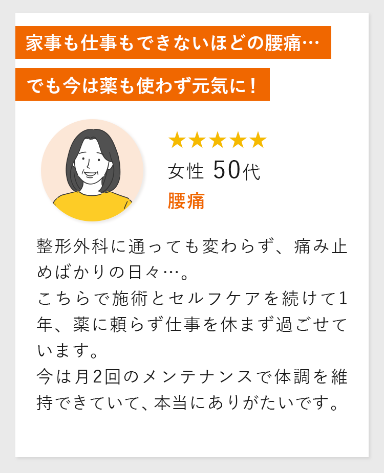家事も仕事もできないほどの腰痛…でも今は薬も使わず元気に！