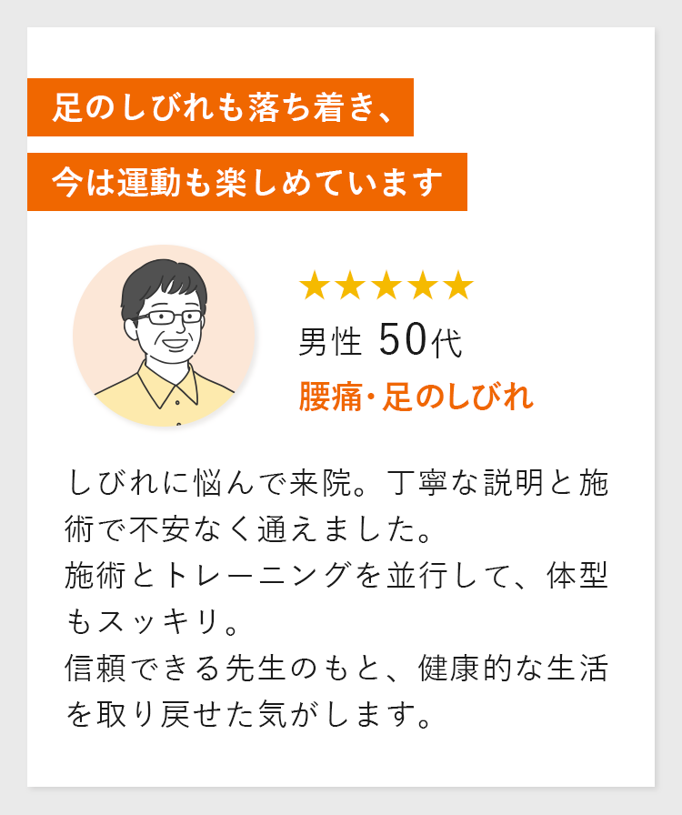 足のしびれも落ち着き、今は運動も楽しめています